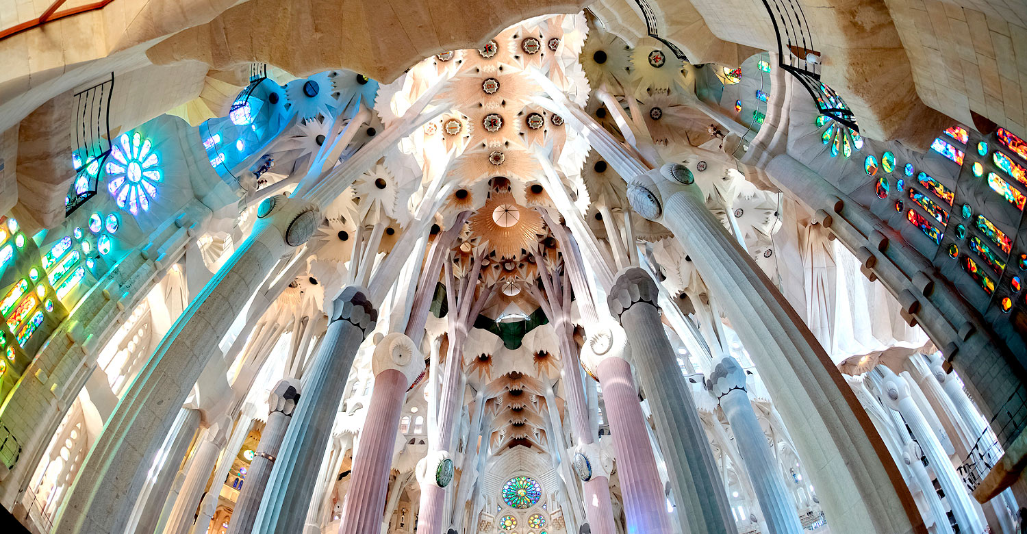 Interior of Sagrada Familia in Barcelona, Spain.