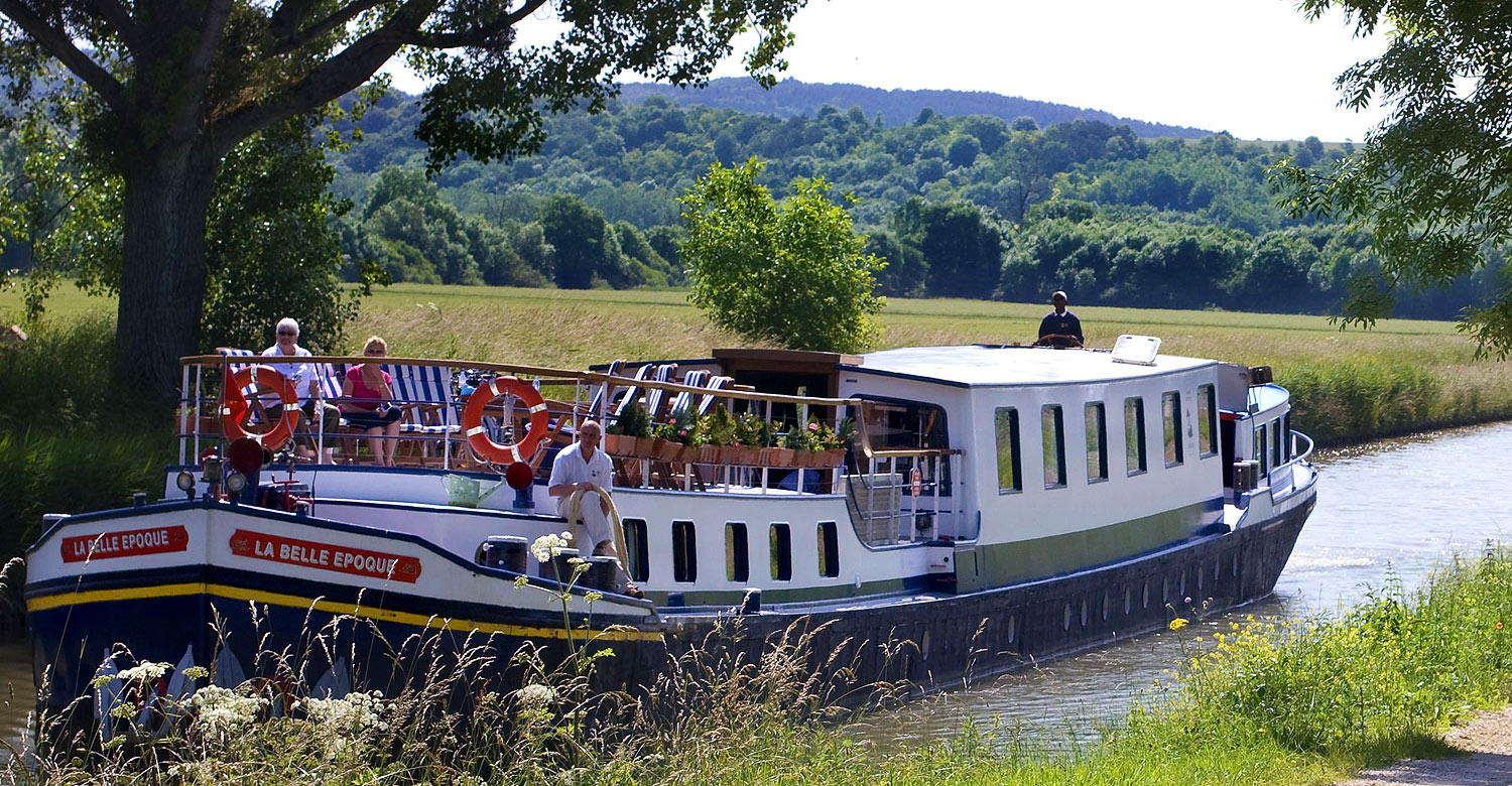 A group on-board La Belle Epoque cruising the Burgundy Canal