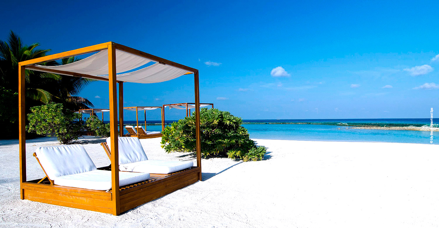 Cozy sunbeds at Lily Beach Resort and Spa.