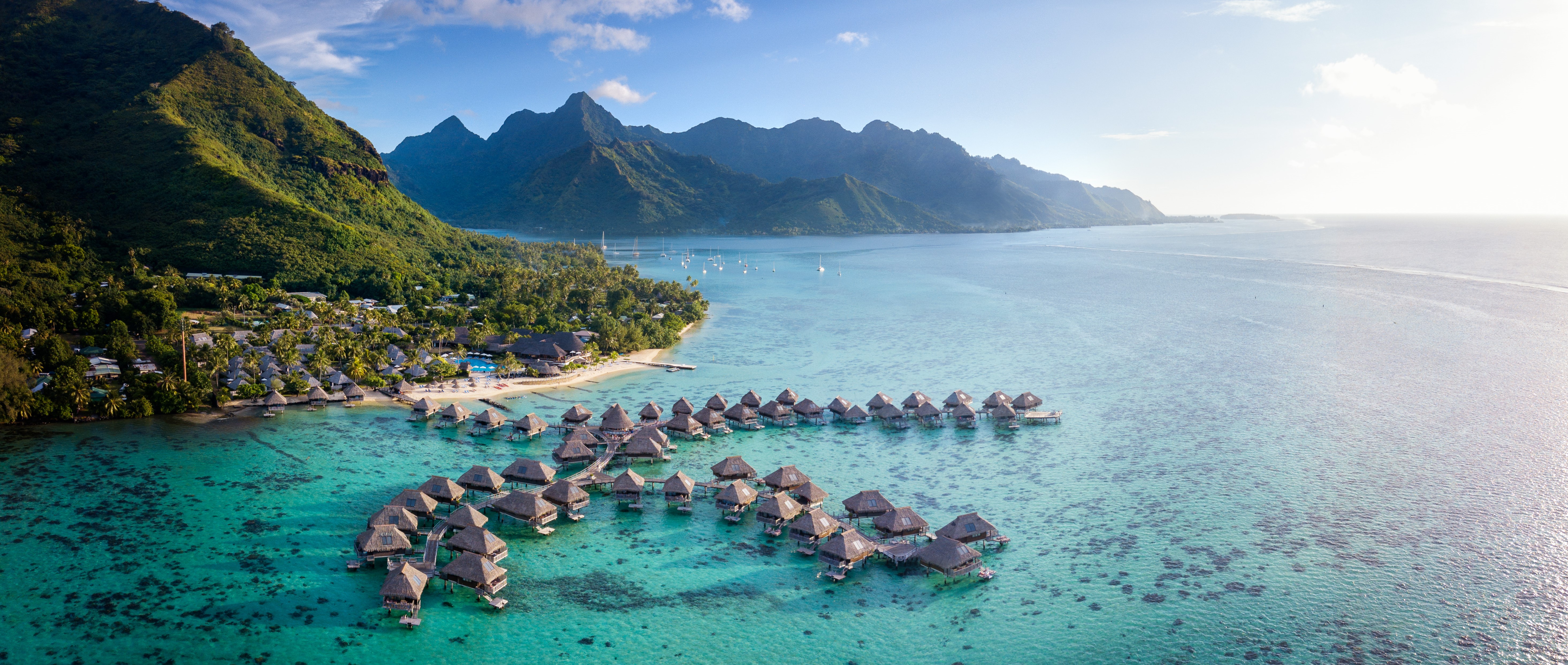Aerial view of the 5-star Hilton Moorea Lagoon Resort & Spa
