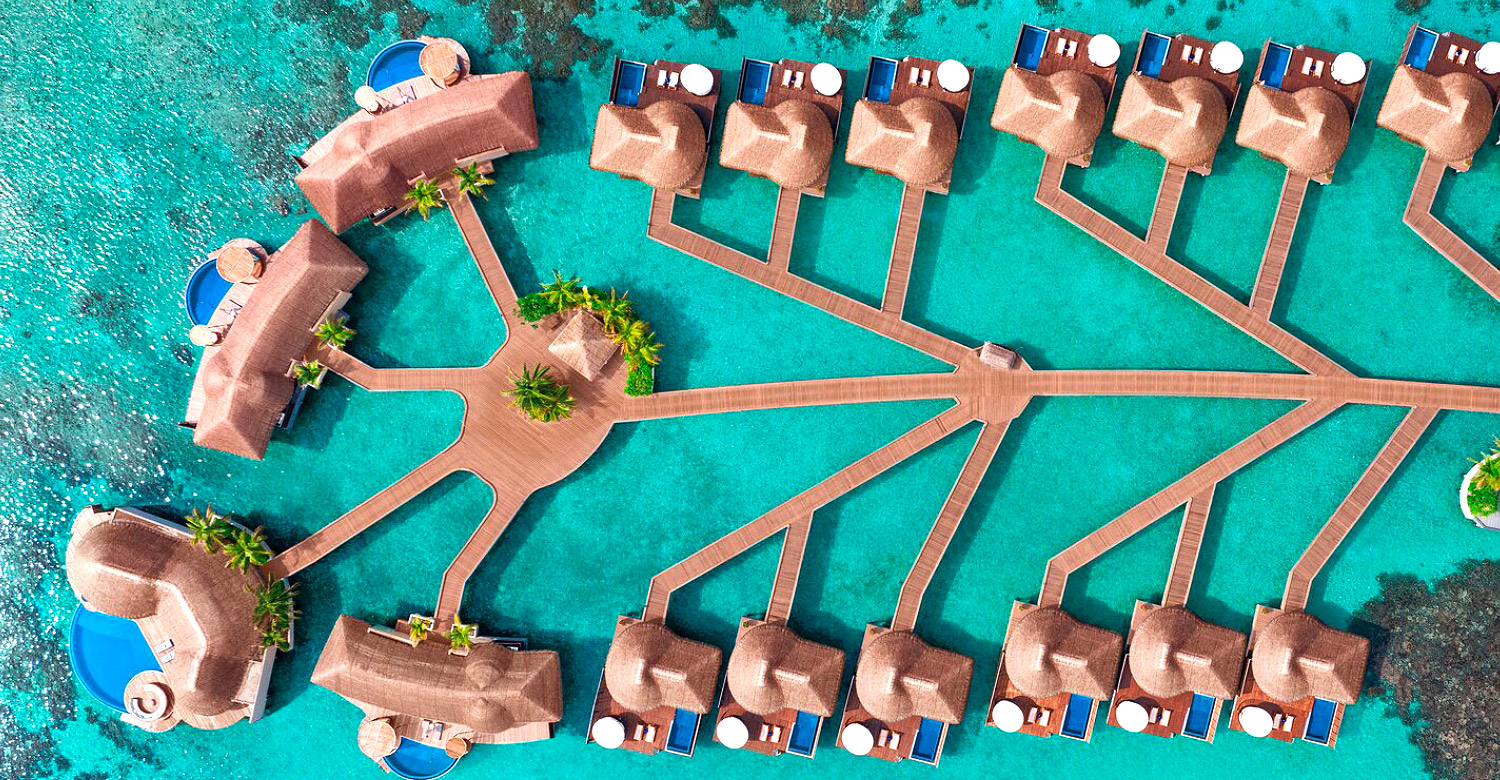 W Maldives' overwater oasis aerial view.