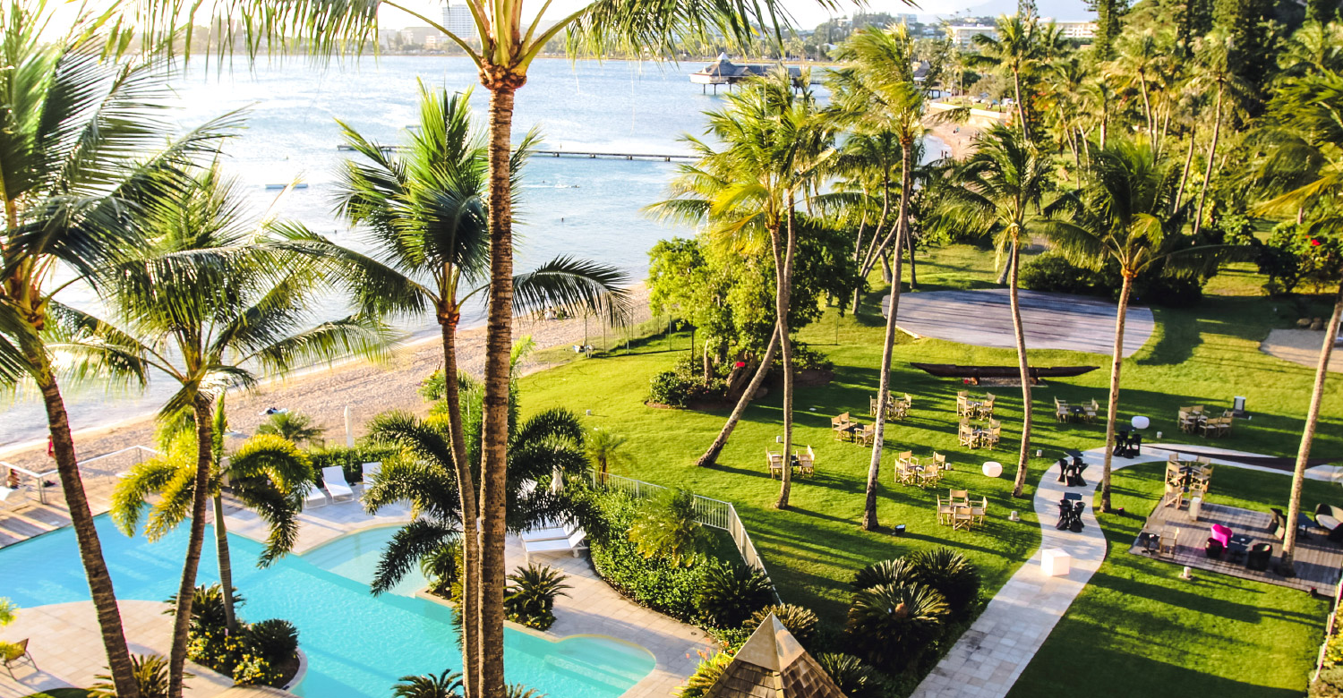 Chateau Royal's stunning location facing the Anse Vata beach.