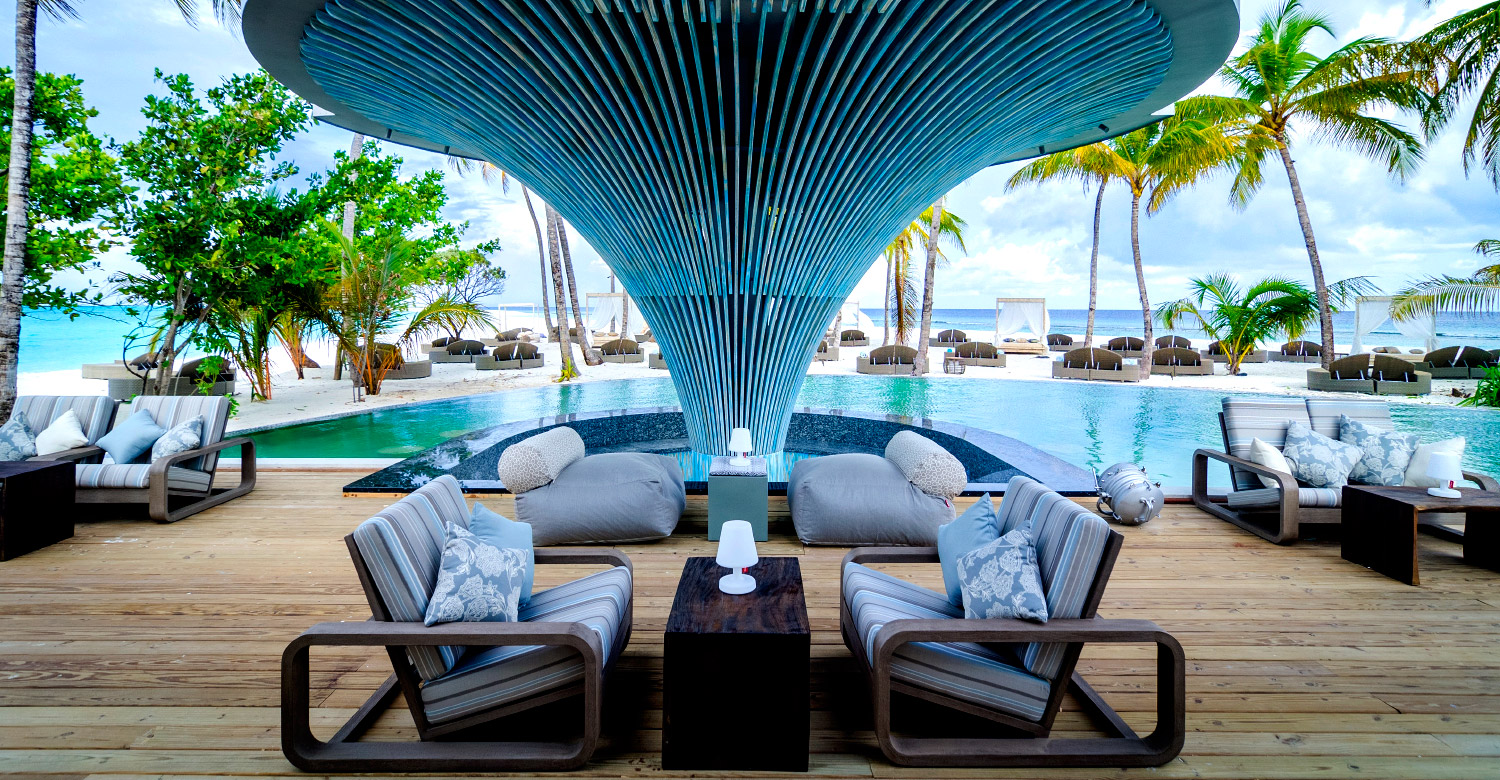 Gorgeous interior of Baa Baa beach bar in Finolhu.