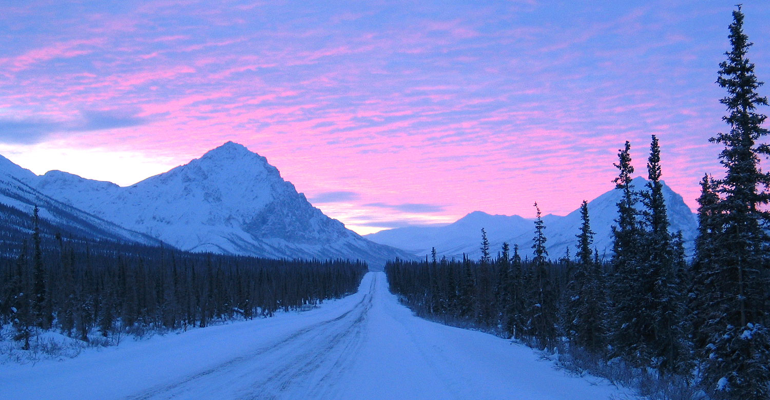 Pink sunset at Dalton Highway, Fairbanks, Alaska.