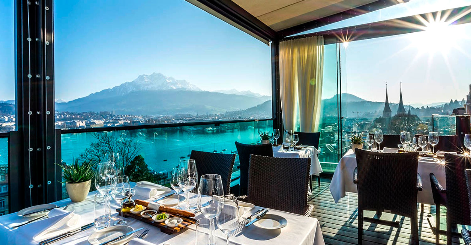 Restaurant at Art Deco Hotel Montana, Lucerne.