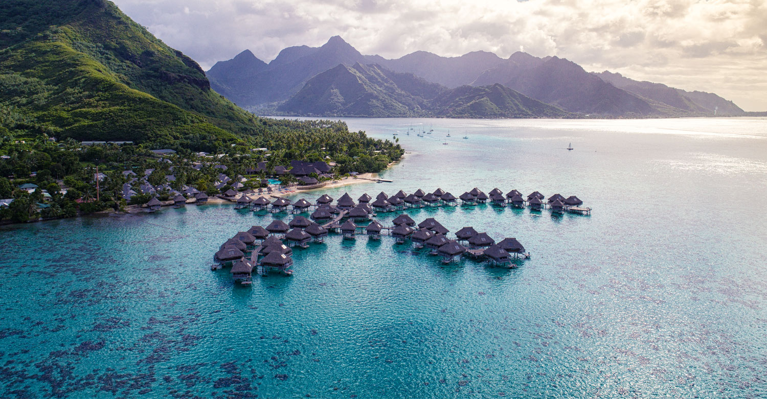 Beautiful aerial view of Hilton Moorea Lagoon Resort & Spa