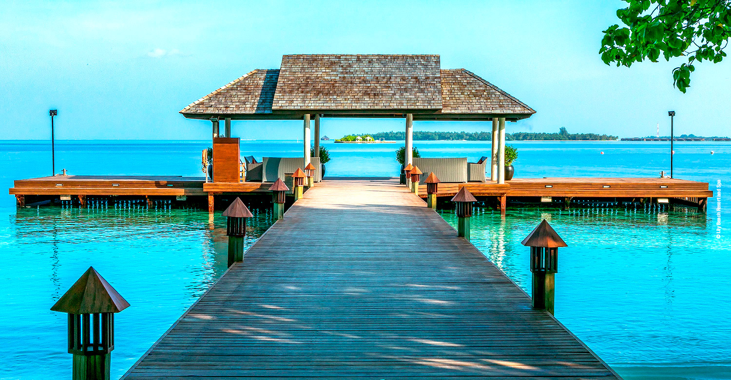 Arrival jetty of 5-star Lily Beach Resort and Spa.