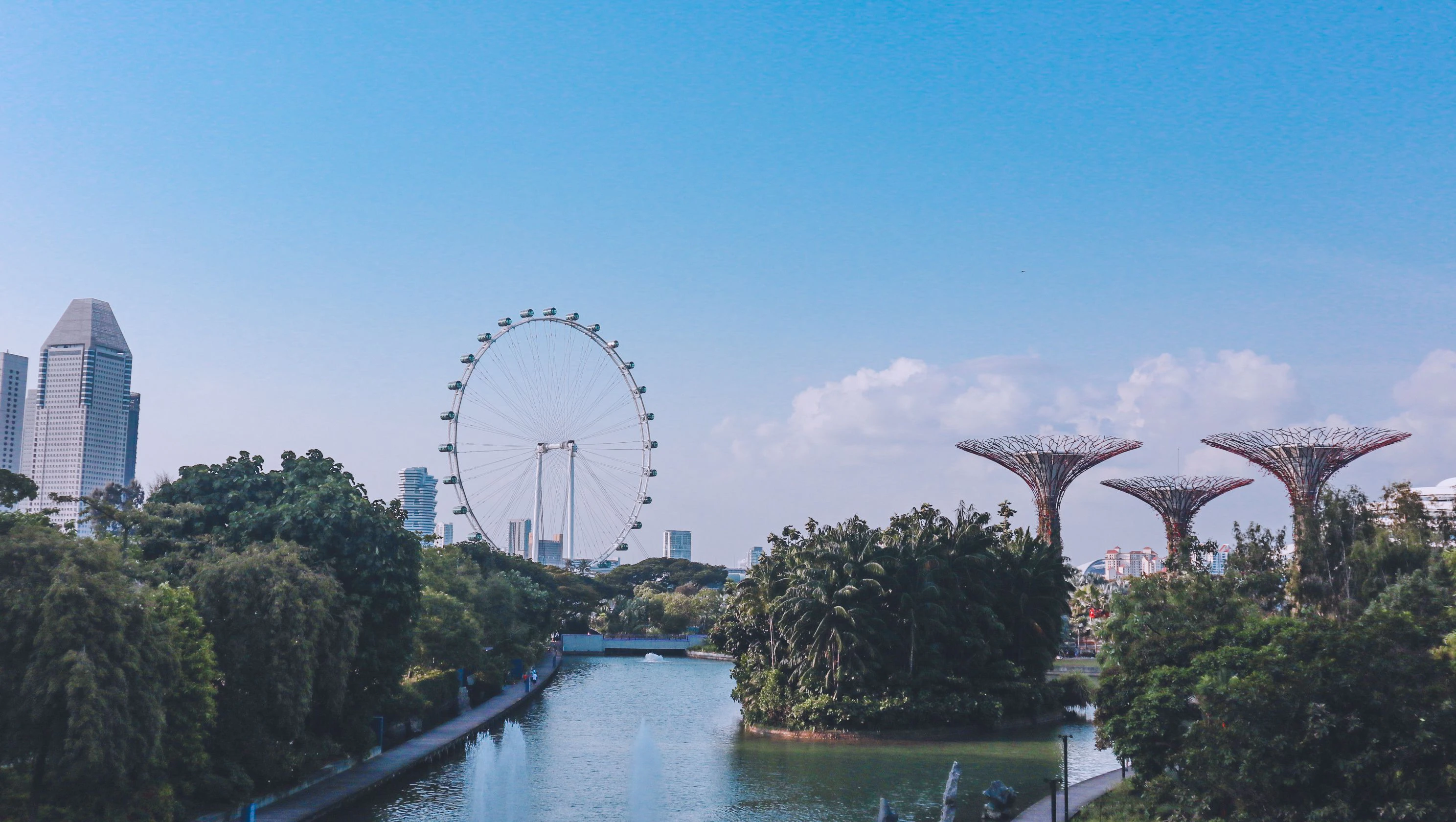 An aerial view of Gardens by the Bay reveals Singapore’s iconic Supertrees rising beside Marina Bay